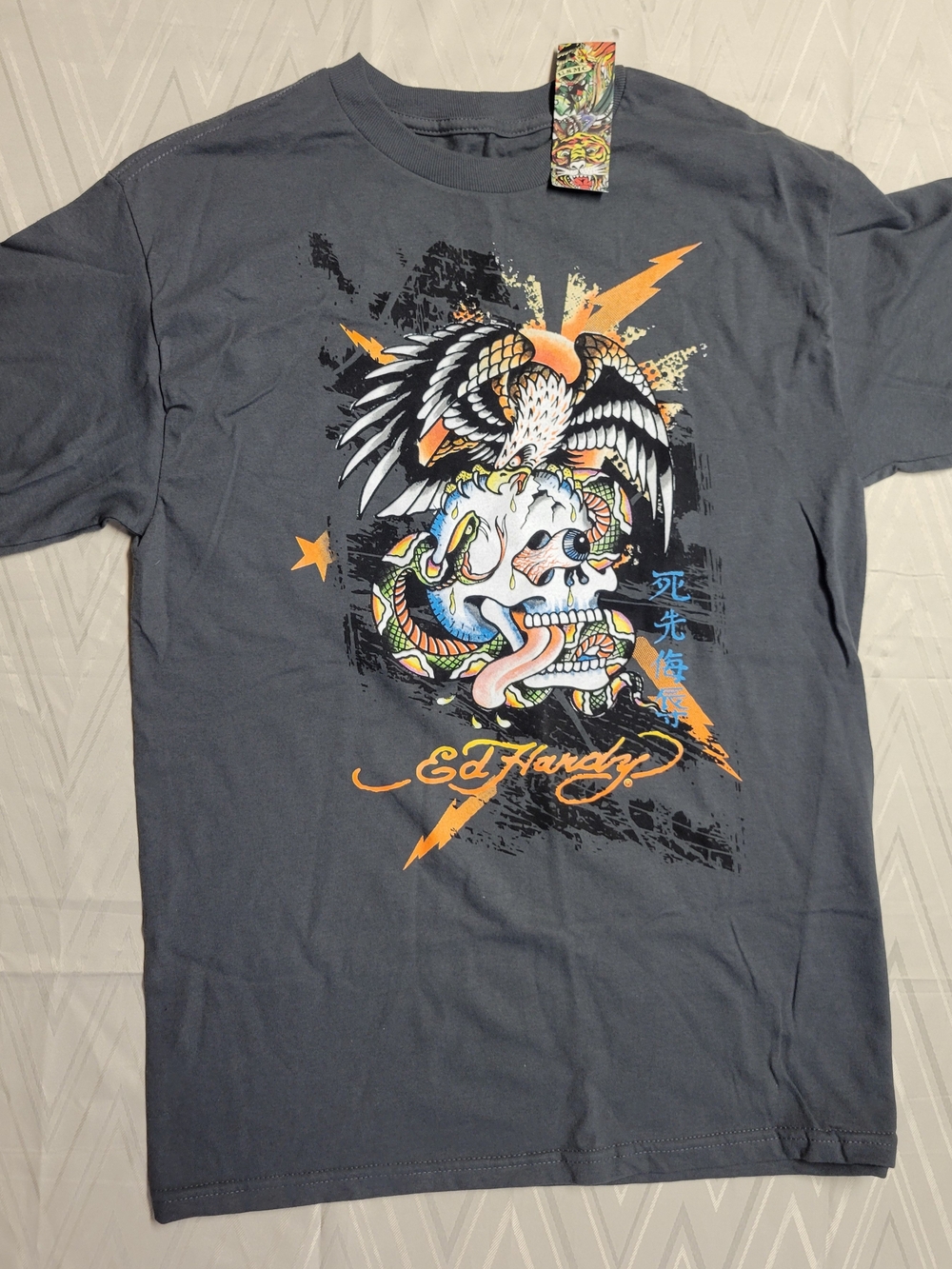 Ed Hardy Charcoal Short Sleeve Tee with Skull, Eagle & Orange Accents